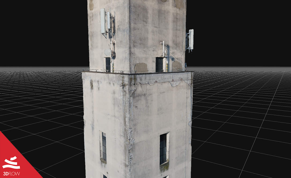 3D mesh geometry (left) and texture (right) of the tower façades. © DL Droni Srl