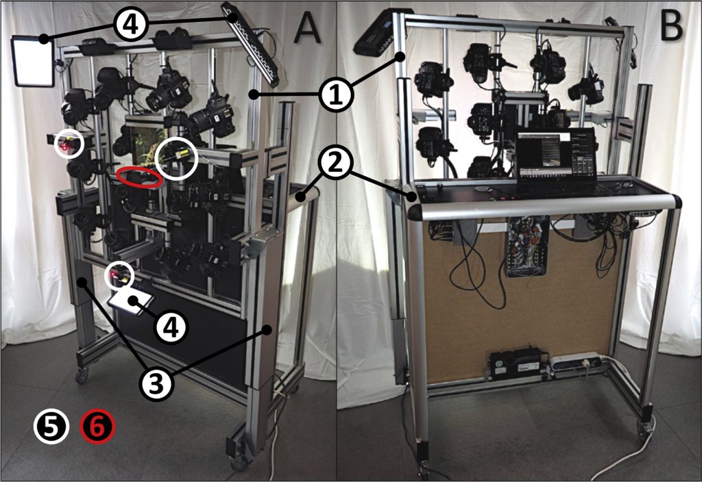 Fig. 1. A, Vista frontale/obliqua (lato paziente); B, vista posteriore (lato operatore) del sistema Stereo-Face 3D.