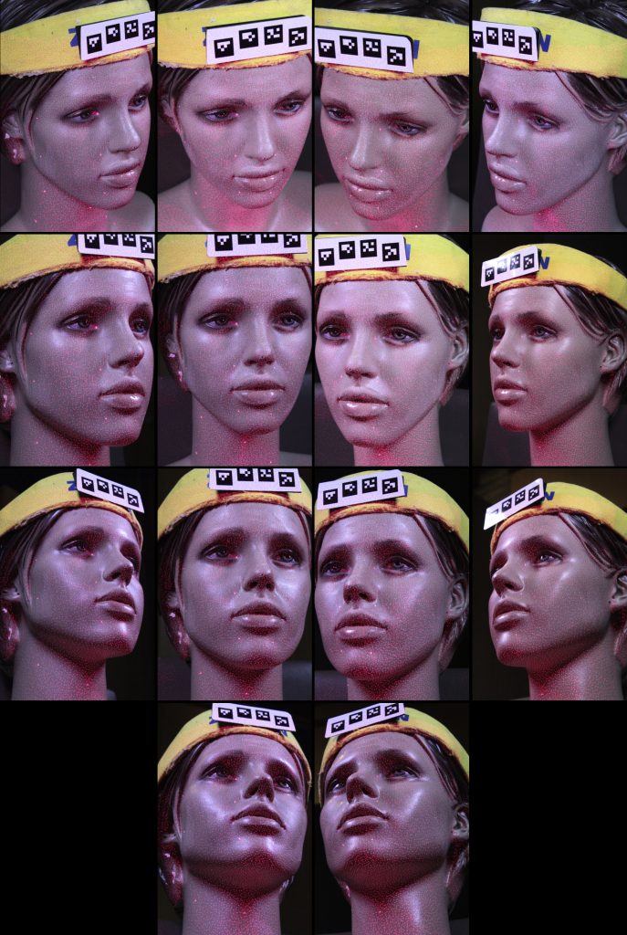 Fig. 2. Example of the 14 camera views, as acquired from the mannequin head with the red dots.