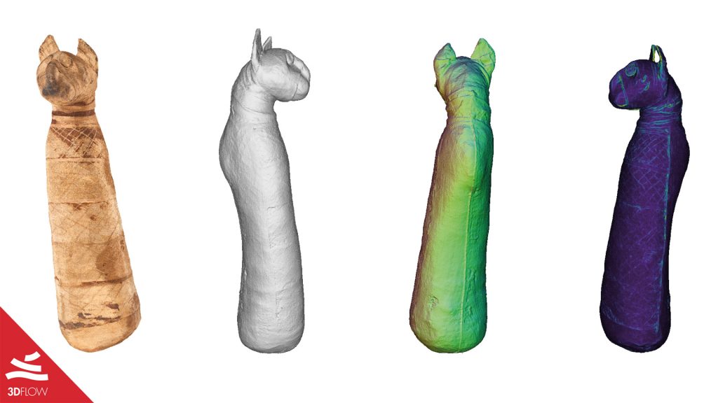 Fig. 1. Panoramica mesh della mummia gatto, da sx a dx: texture, geometria, normal maps e curvatura. © Museo Egizio di Torino