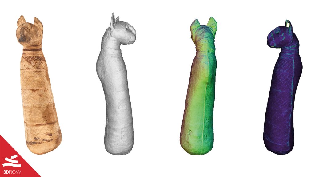 Fig. 1. Mummy cat mesh views, from left to right: texture, geometry, normal maps and curvature. © Museo Egizio di Torino