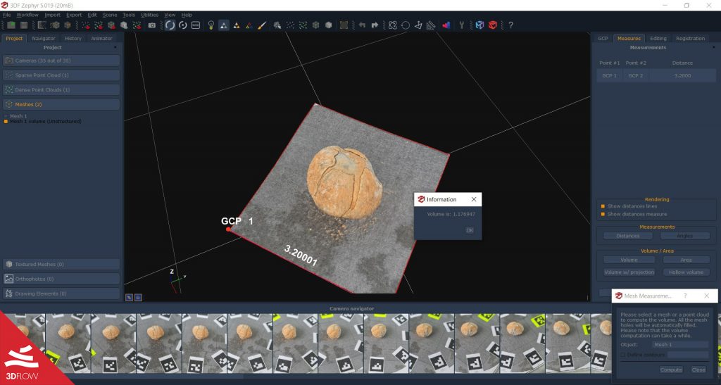 Fig. 2. 3D model and Volume tool in 3DF Zephyr. ©R. Cunha, S. T. Costa, R. H. de Oliveira Montes, C. T. Arrabal