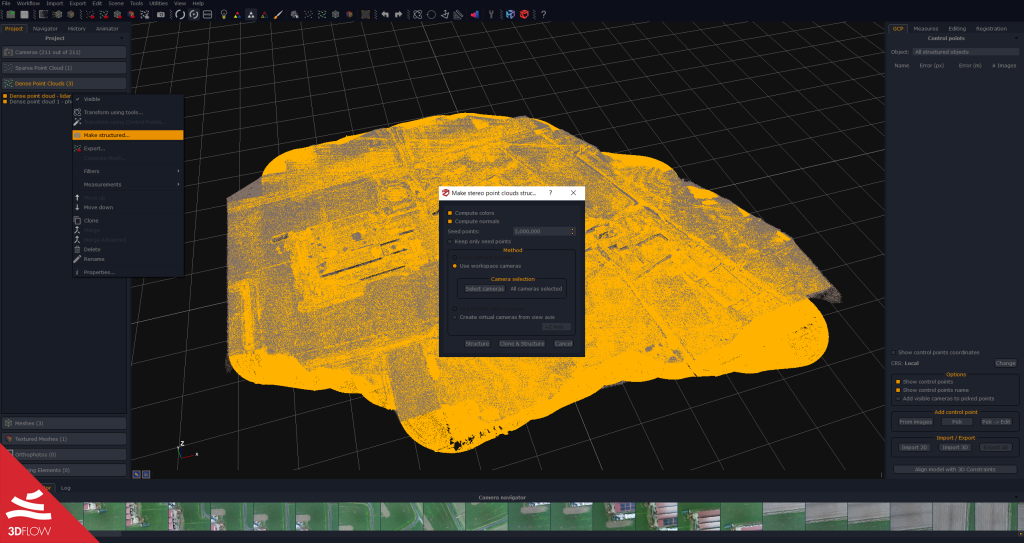 Fig. 2. Photogrammetric and laser scan point clouds visualized in false colors. Laser scan structuring in 3DF Zephyr. ©DL Droni